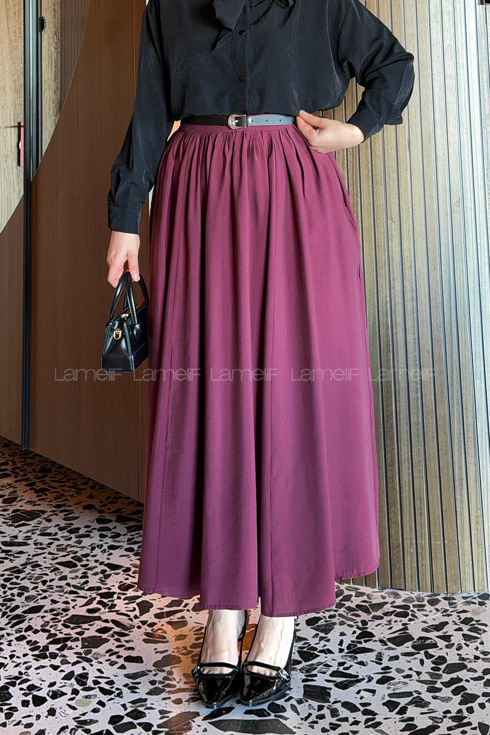 Lamelif Bel Lastikli Cep Detaylı Etek Bordo