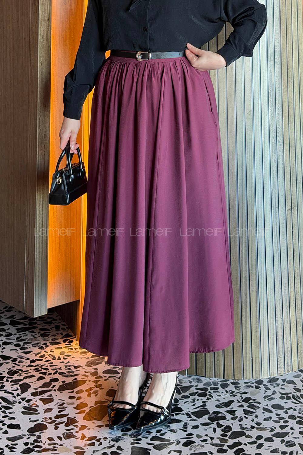 Lamelif Bel Lastikli Cep Detaylı Etek Bordo