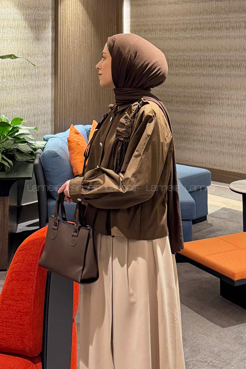 Lamelif Büzgü Detaylı Tesettür Gömlek Acı Kahve
