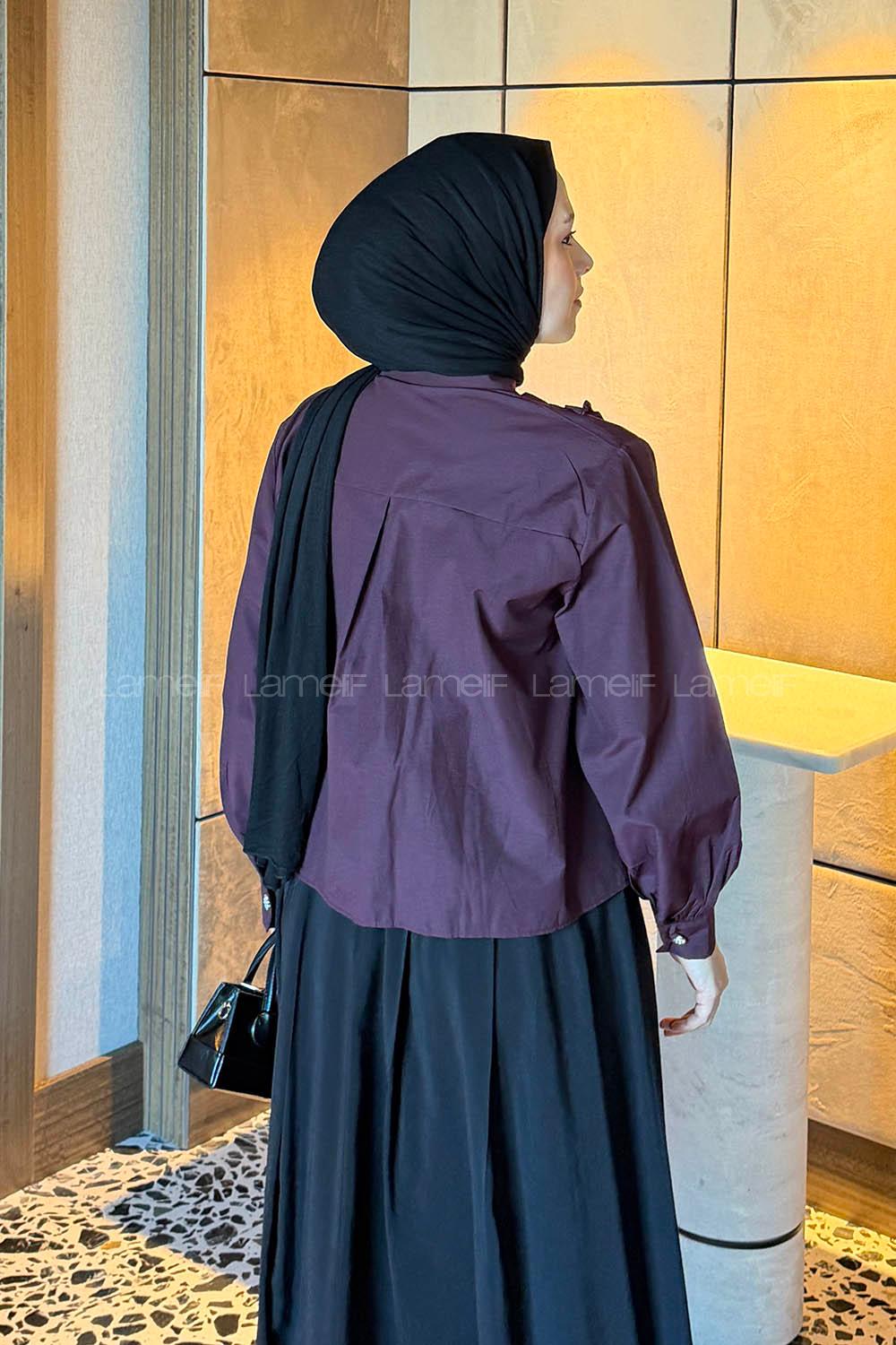 Lamelif Büzgü Detaylı Tesettür Gömlek Bordo