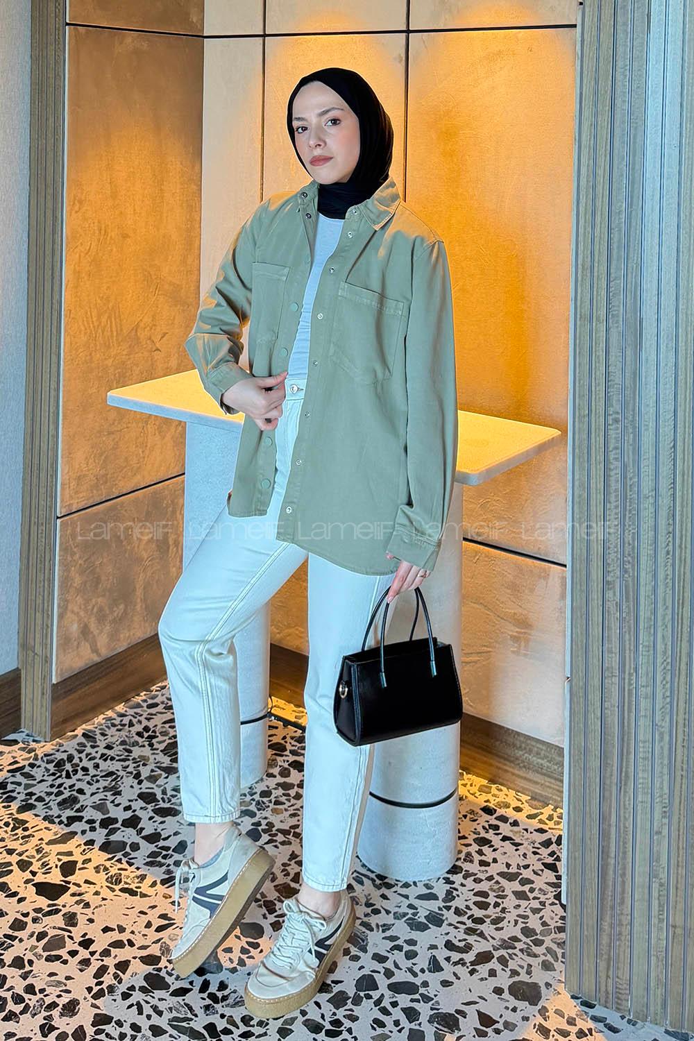 Lamelif Çıtçıtlı Gabardin Gömlek Çağla Yeşili