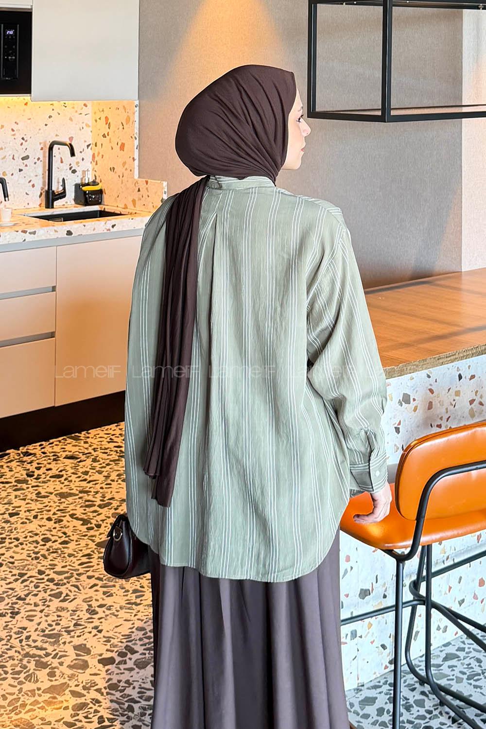 Lamelif Çizgili Cep Detaylı Gömlek Haki