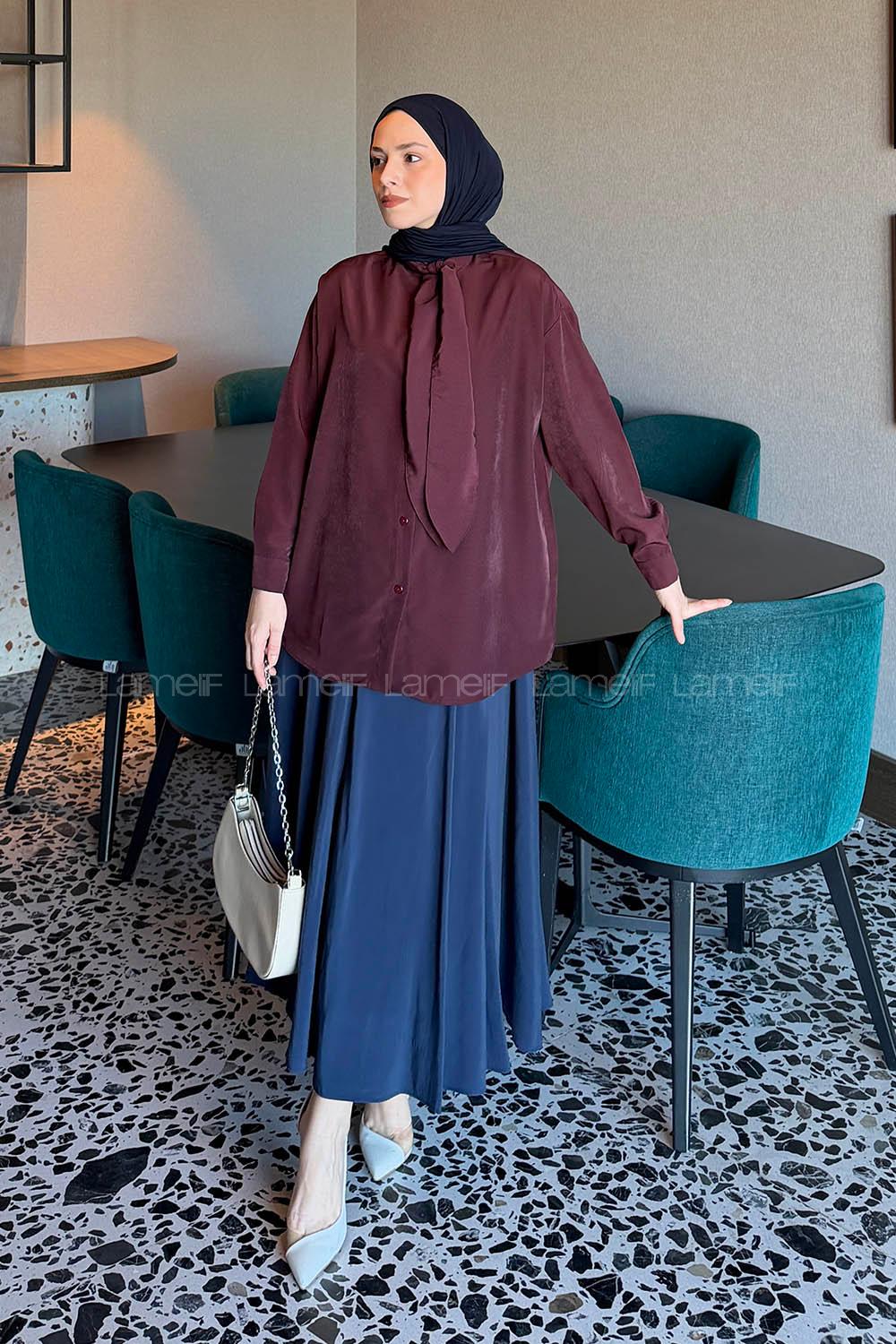 Lamelif Fular Yaka Gömlek Bordo