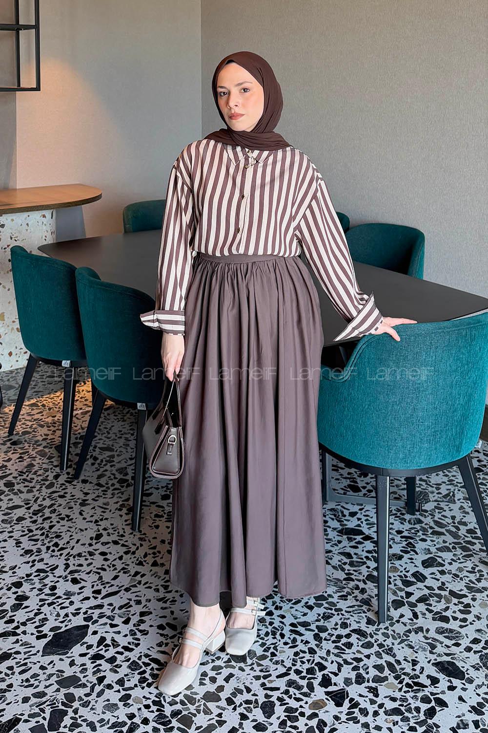 Lamelif Gold Düğmeli Çizgili Gömlek Acı Kahve