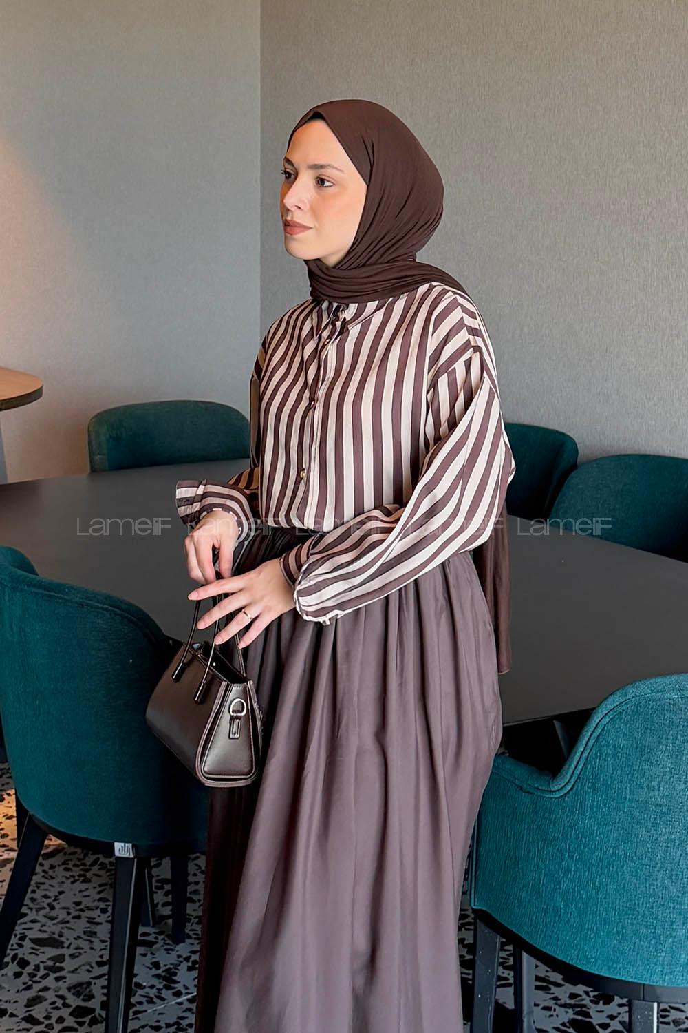 Lamelif Gold Düğmeli Çizgili Gömlek Acı Kahve