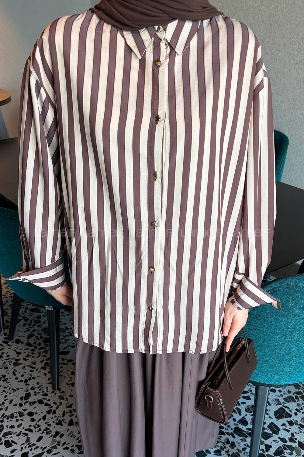 Lamelif Gold Düğmeli Çizgili Gömlek Acı Kahve