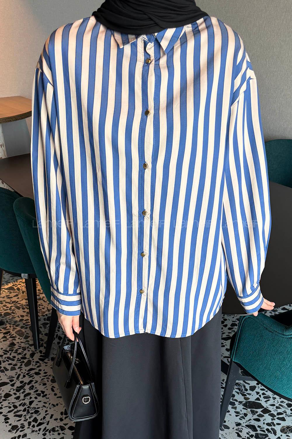 Lamelif Gold Düğmeli Çizgili Gömlek Lacivert