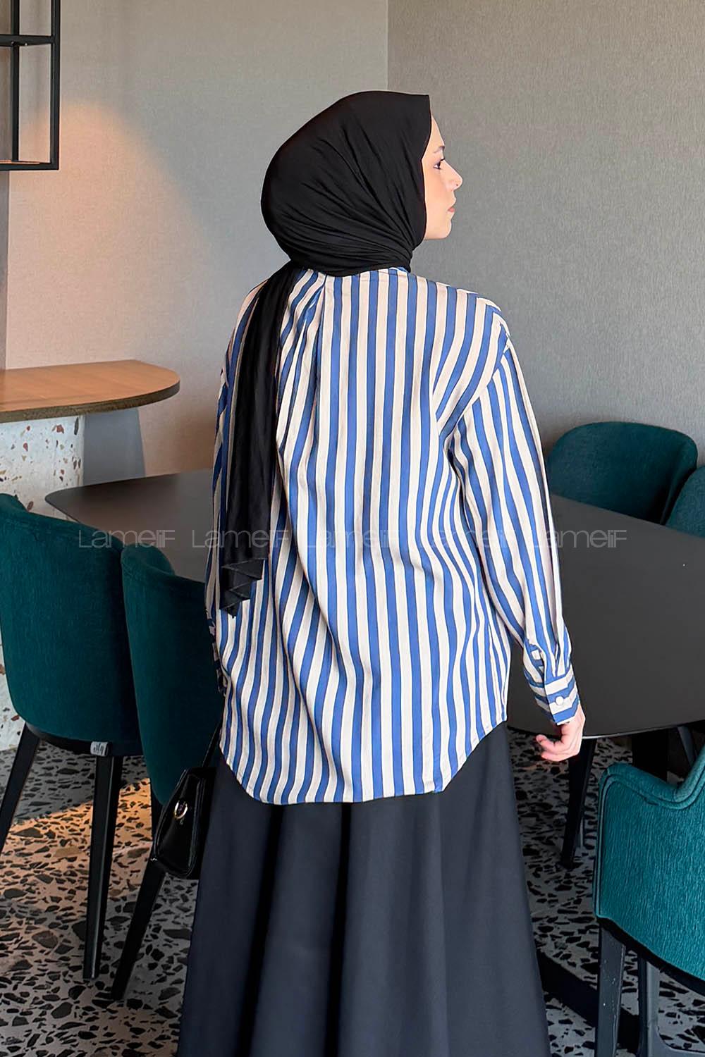 Lamelif Gold Düğmeli Çizgili Gömlek Lacivert