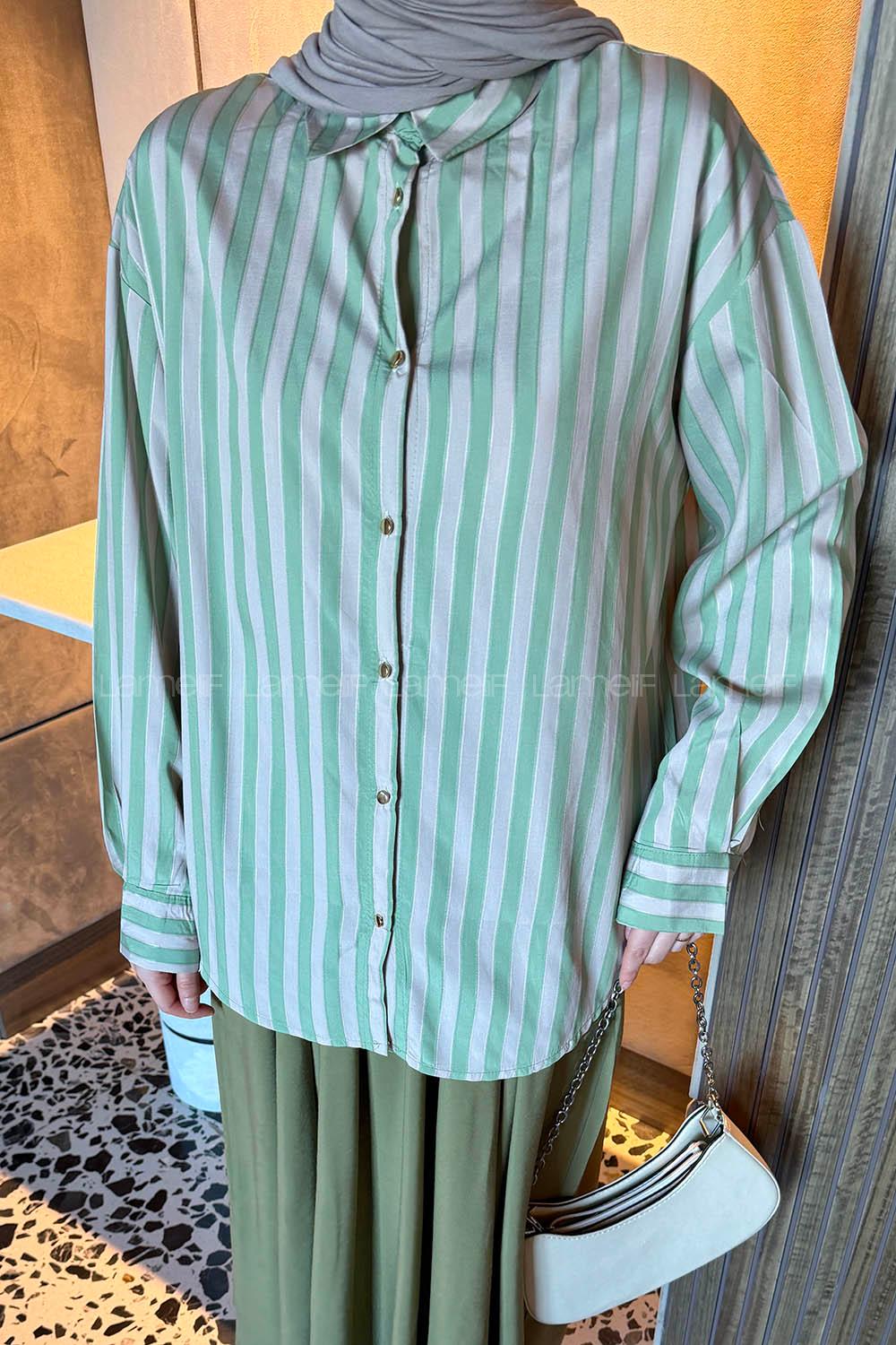 Lamelif Gold Düğmeli Çizgili Gömlek Yeşil
