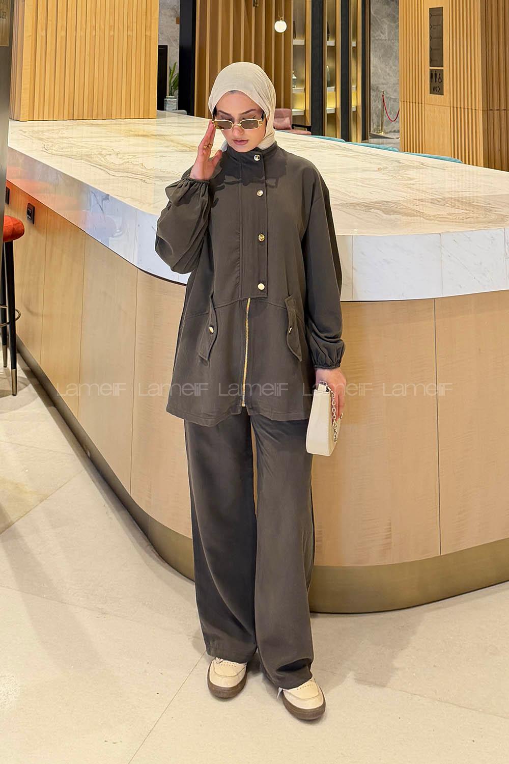 Lamelif Gold Düğmeli Fermuarlı Takım Acı Kahve