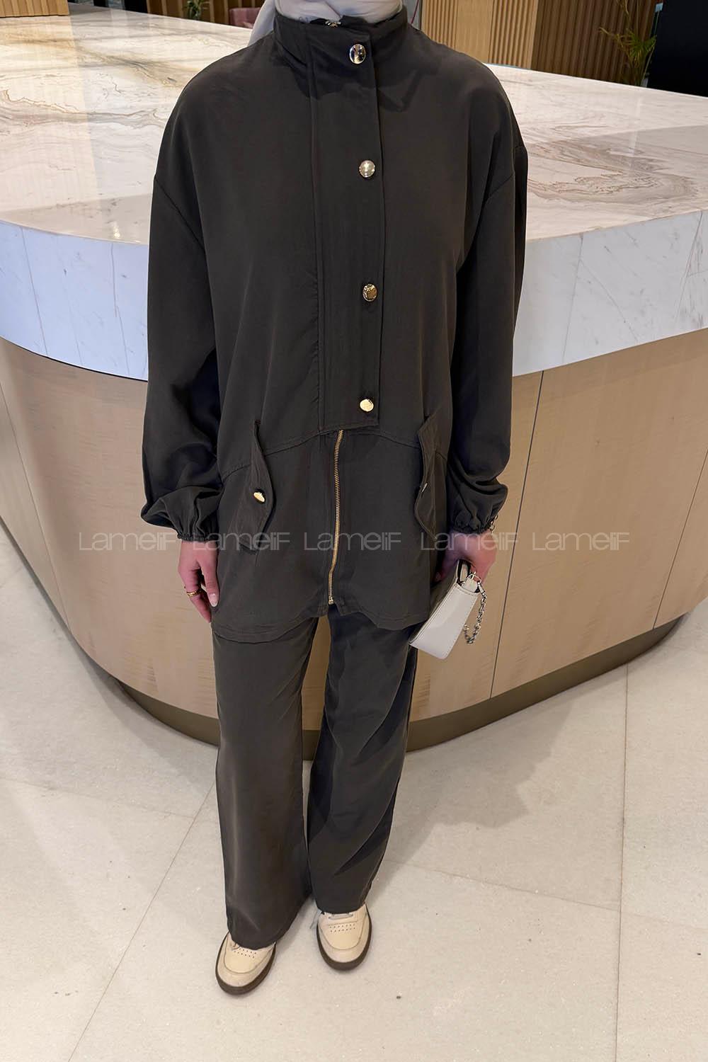 Lamelif Gold Düğmeli Fermuarlı Takım Acı Kahve