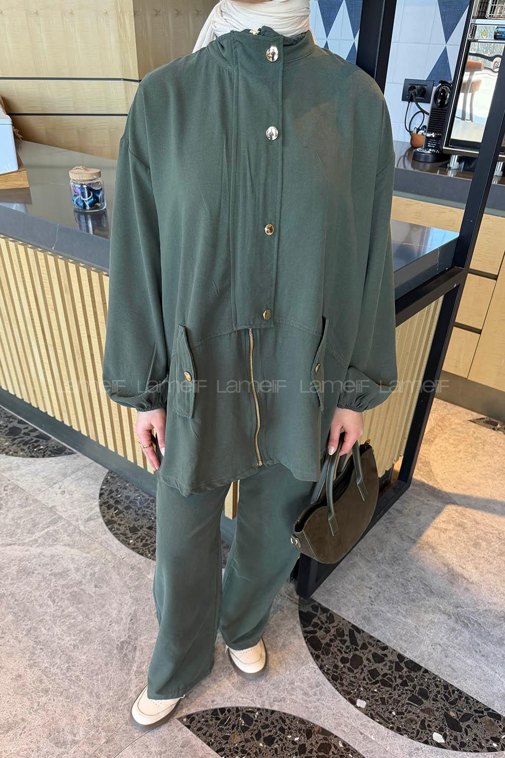 Lamelif Gold Düğmeli Fermuarlı Takım Koyu Yeşil