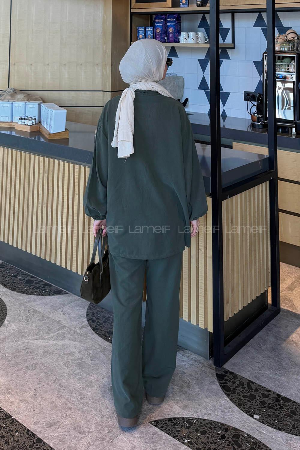 Lamelif Gold Düğmeli Fermuarlı Takım Koyu Yeşil