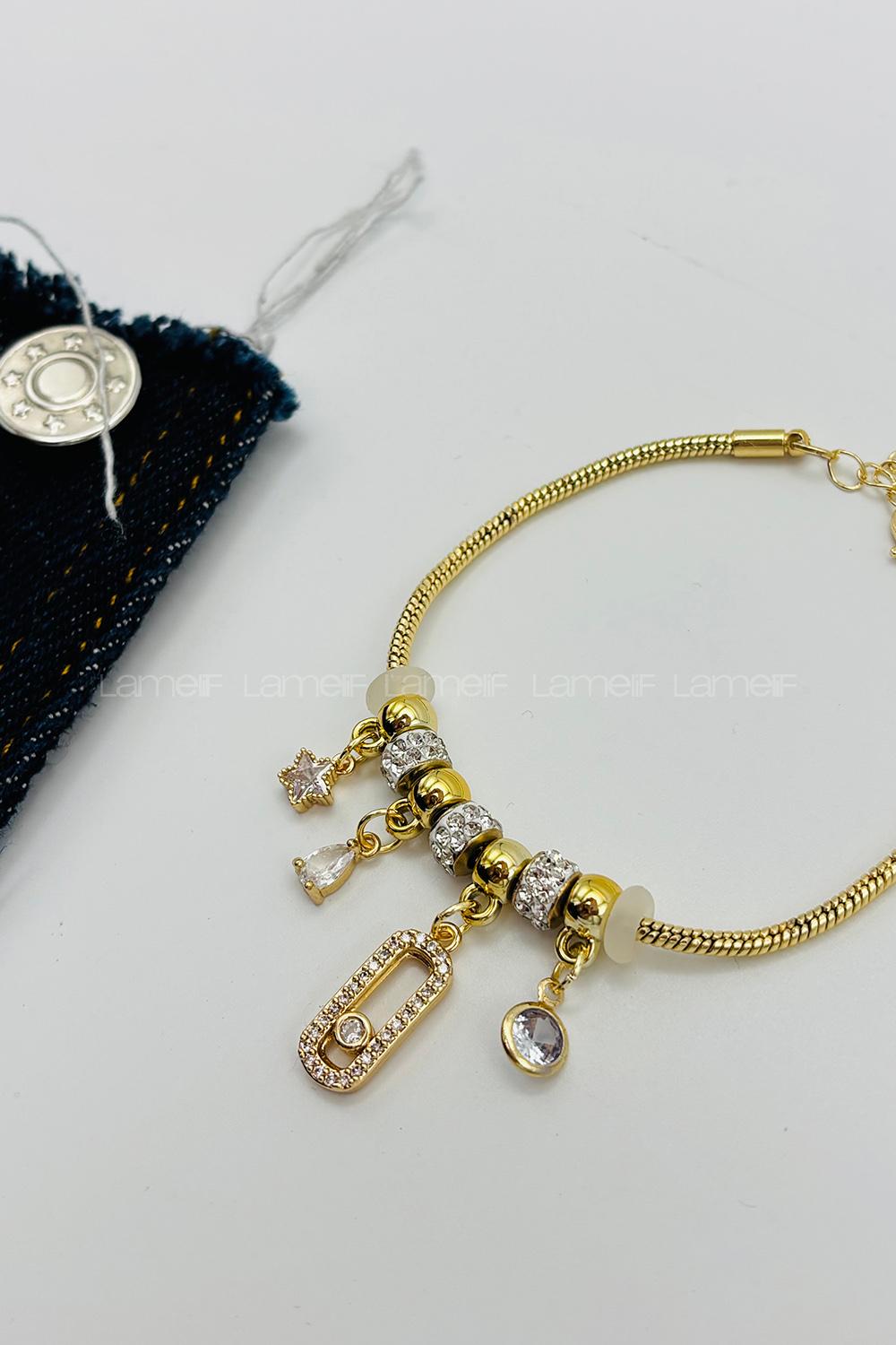 Lamelif Gold Kristal Charmlı Pandora Bileklik