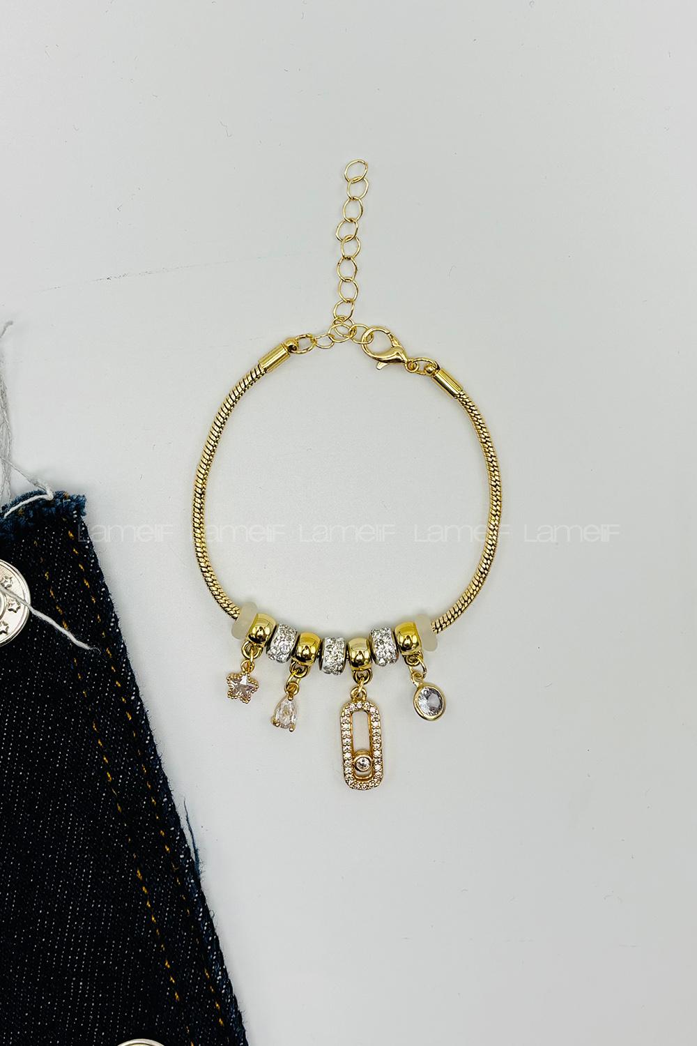 Lamelif Gold Kristal Charmlı Pandora Bileklik