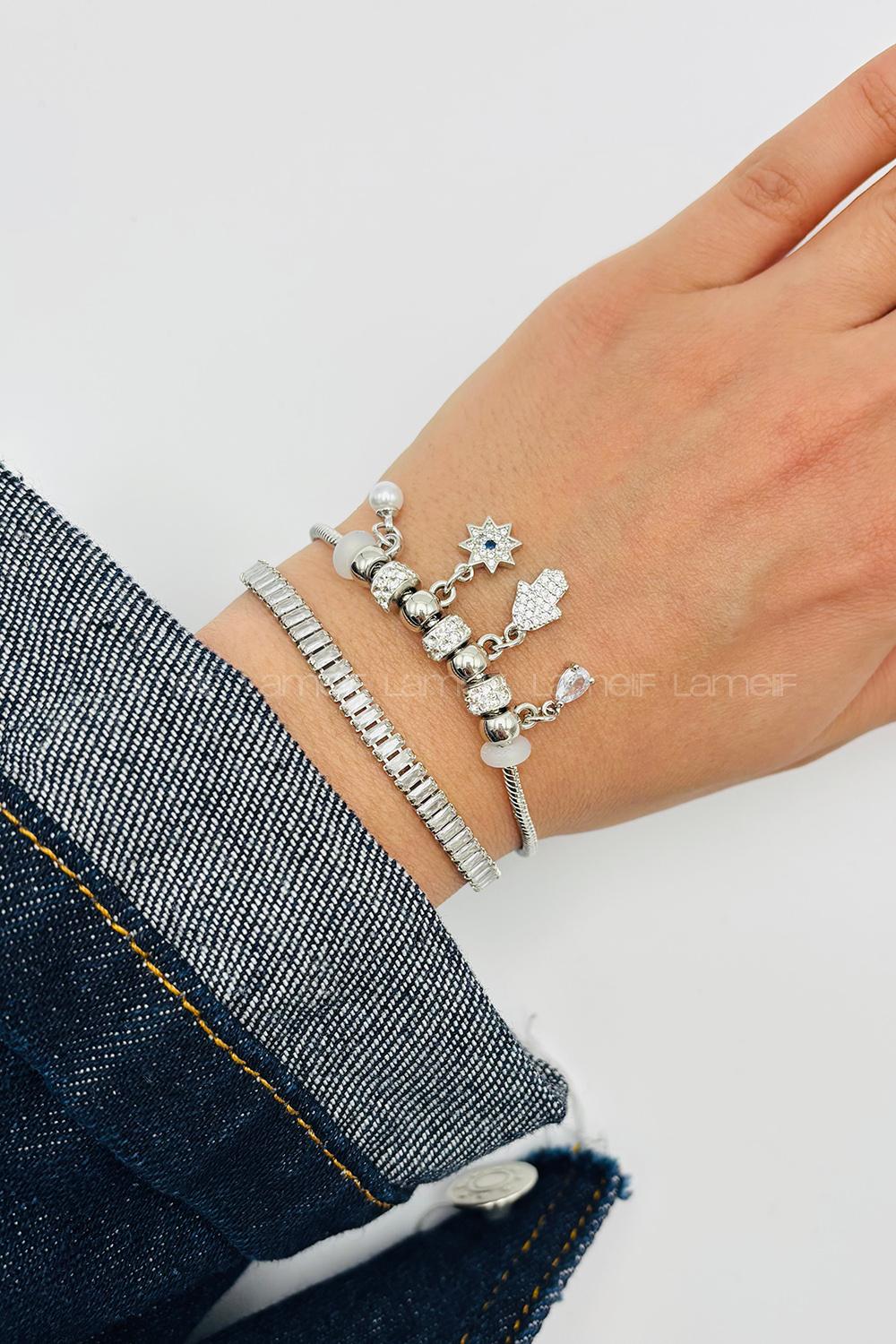 Lamelif Gümüş Hamsa Charmlı Pandora Bileklik