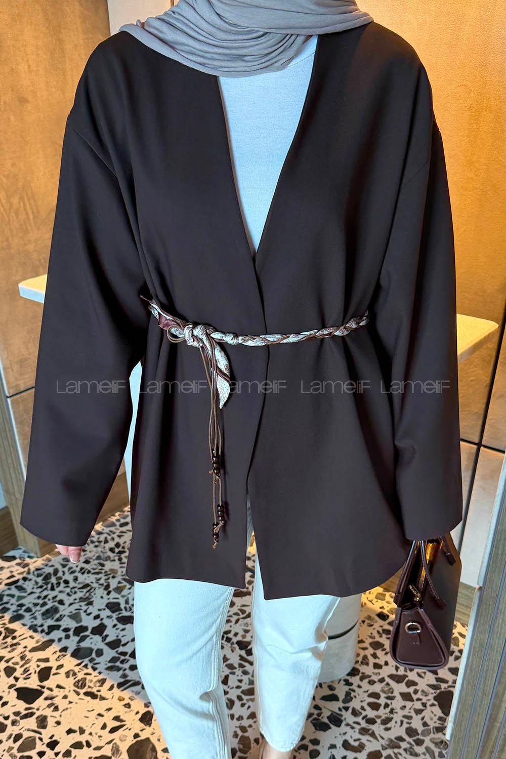 Lamelif Kemerli Tesettür Ceket Kahverengi