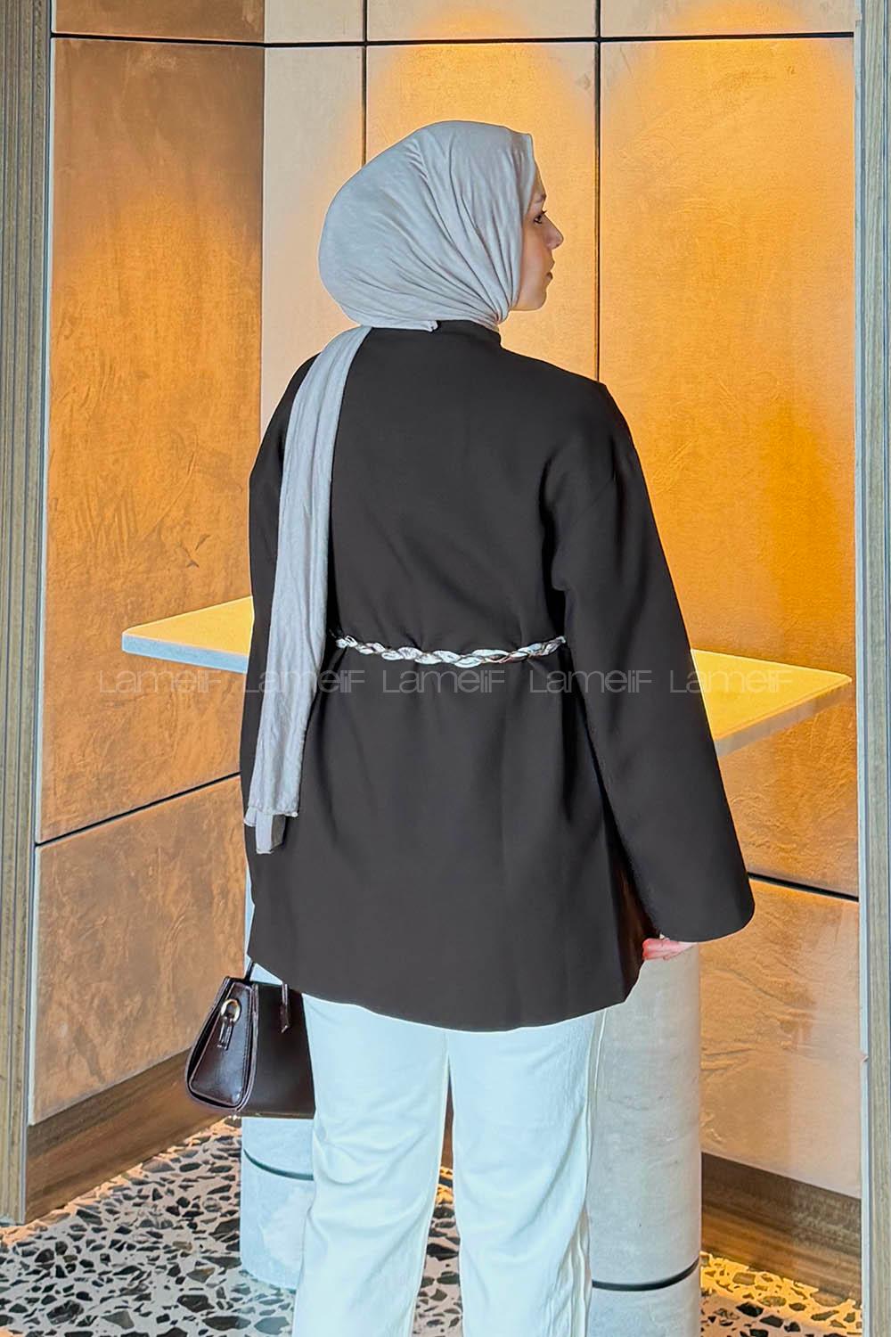 Lamelif Kemerli Tesettür Ceket Kahverengi