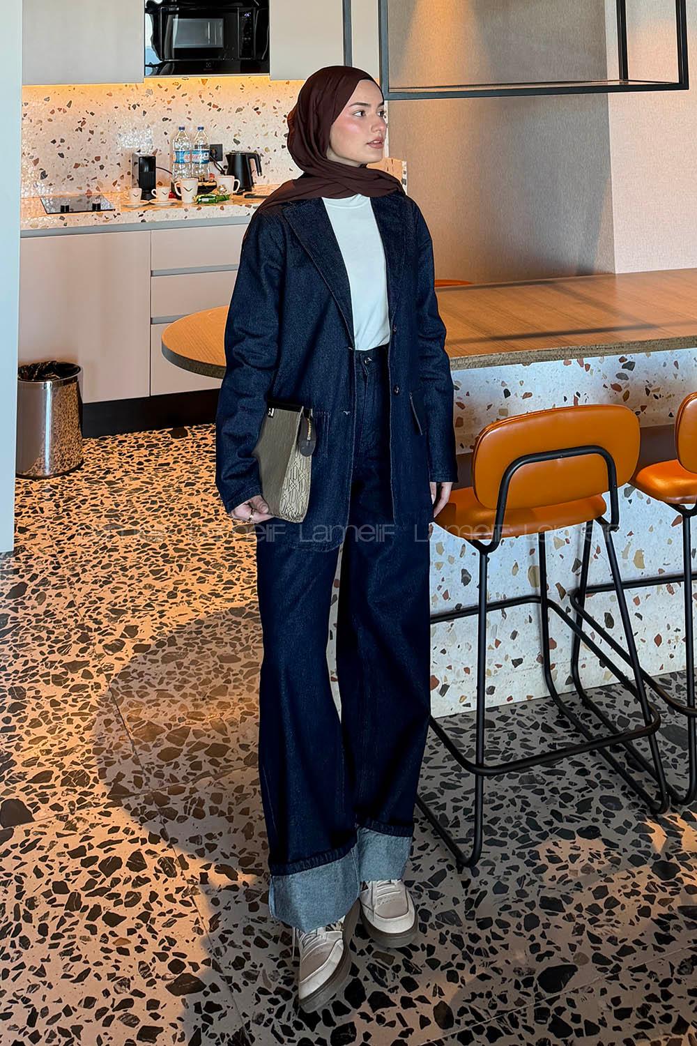 Lamelif Kot Ceket-Pantolon Takım Koyu Mavi