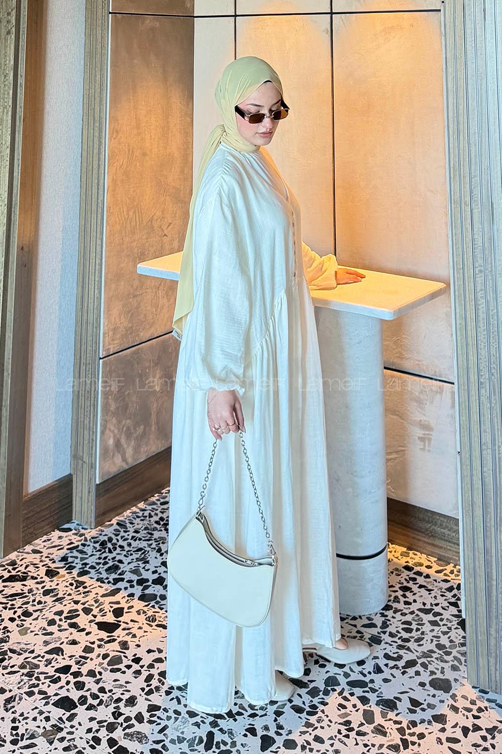 Beige V Neck Cotton Dresess