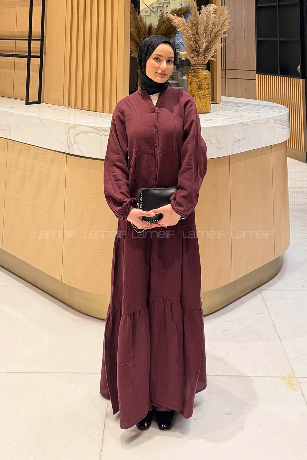 Claret Red Mandarin Collar Cotton Unprinted Dresess