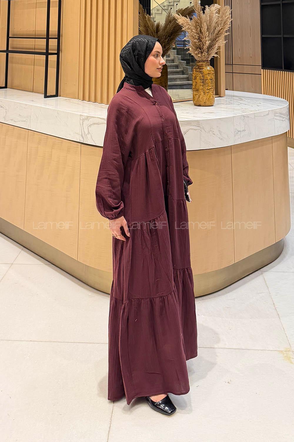 Claret Red Mandarin Collar Cotton Unprinted Dresess