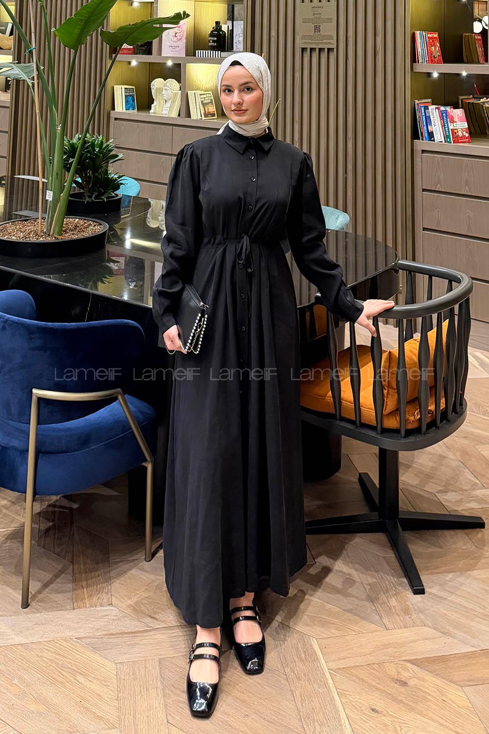 Black Shirt Collar Cotton Lycra Dresess