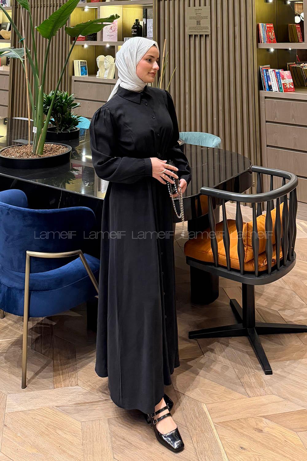 Black Shirt Collar Cotton Lycra Dresess