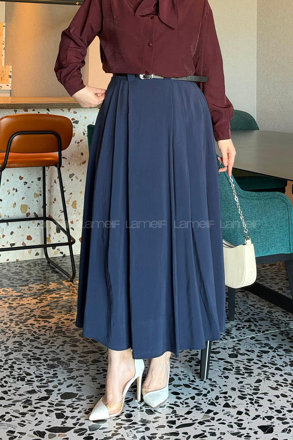 Lamelif Pileli Kemerli Etek Lacivert