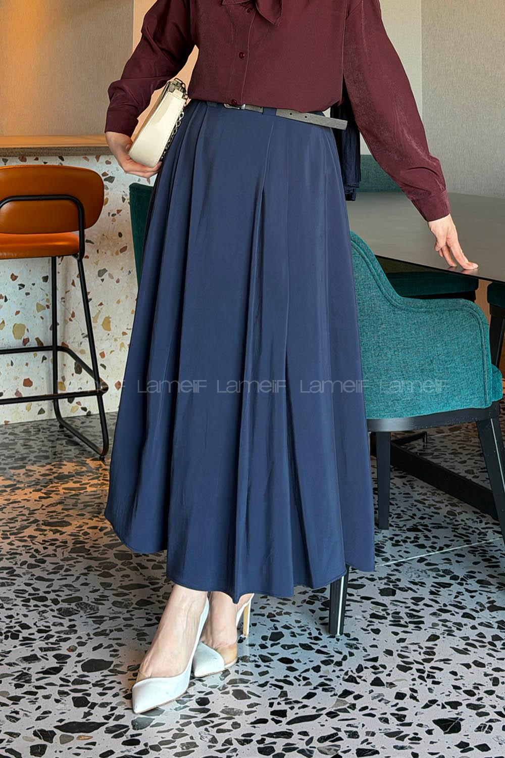 Lamelif Pileli Kemerli Etek Lacivert