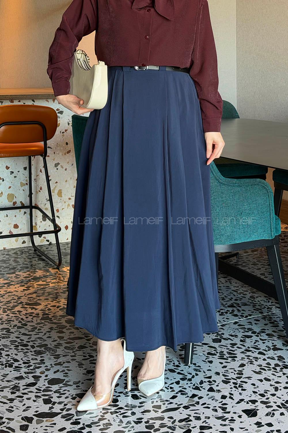 Lamelif Pileli Kemerli Etek Lacivert