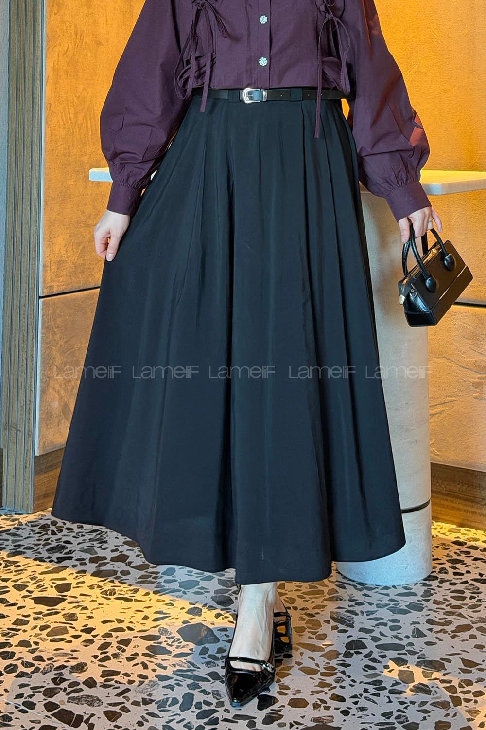 Lamelif Pileli Kemerli Etek Siyah