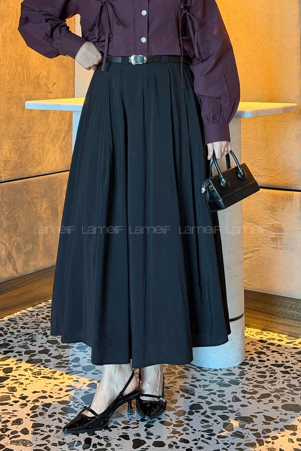 Lamelif Pileli Kemerli Etek Siyah