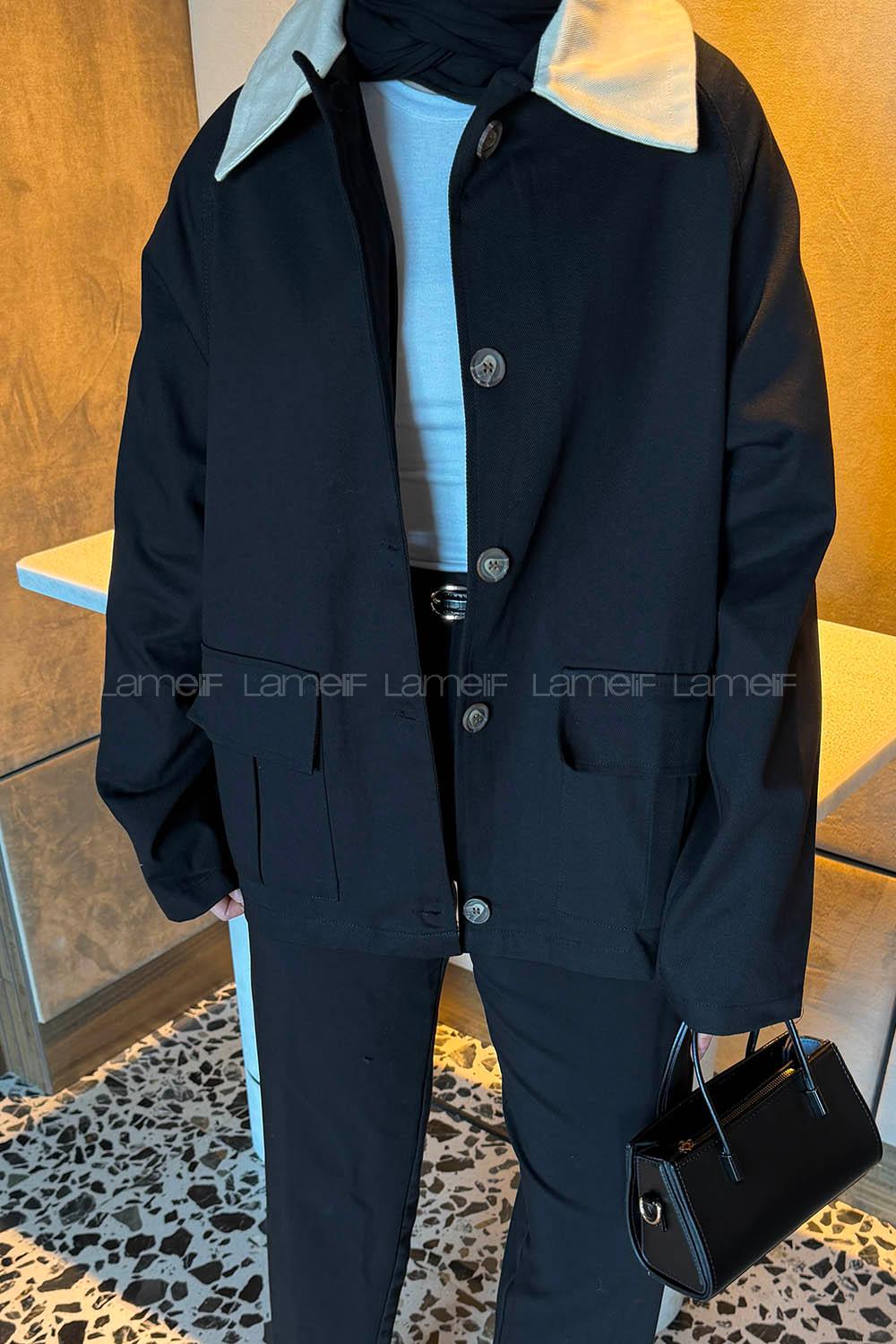 Black Shirt Collar Long Arm Cotton Jacket