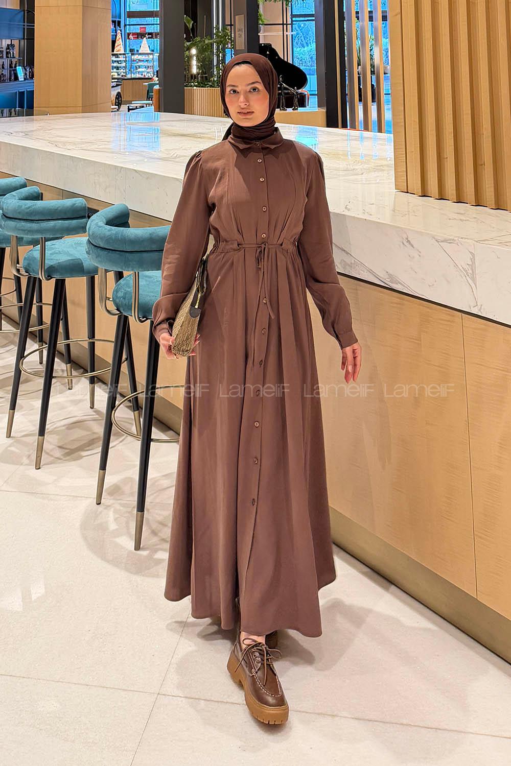 Lamelif Pile Detaylı Elbise Kahve