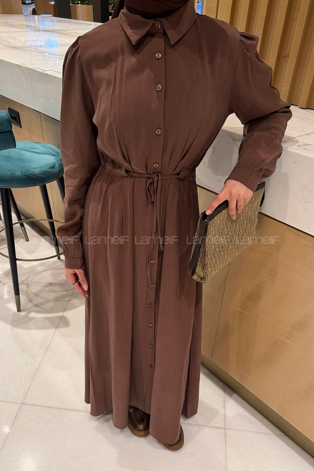 Lamelif Pile Detaylı Elbise Kahve