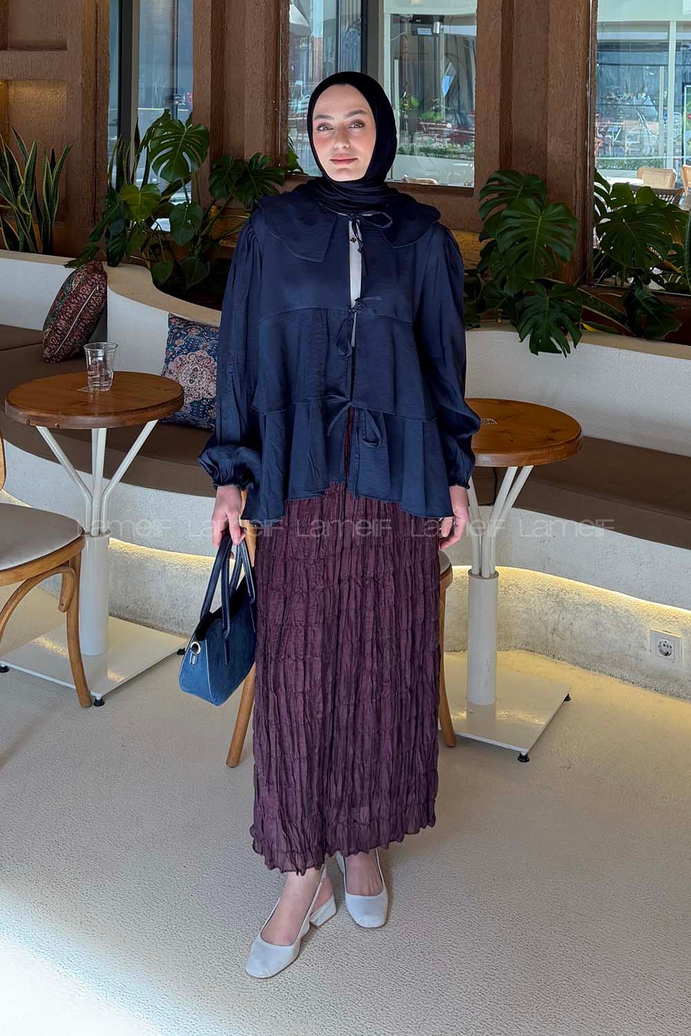 Navy Blue Peter Pan Collar Long Arm Modal Shirt