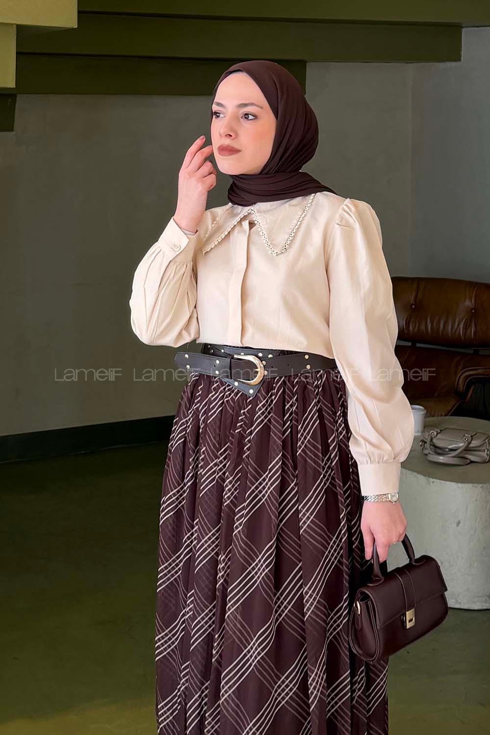 Cream Peter Pan Collar Long Arm Viscose Fabric Shirt