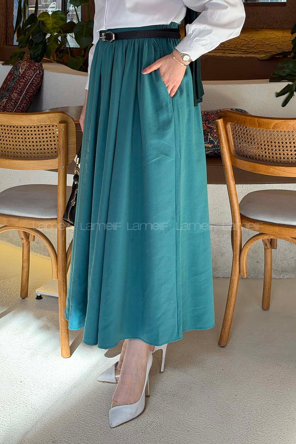 Lamelif Bel Lastikli Cep Detaylı Etek Pastel Yeşili