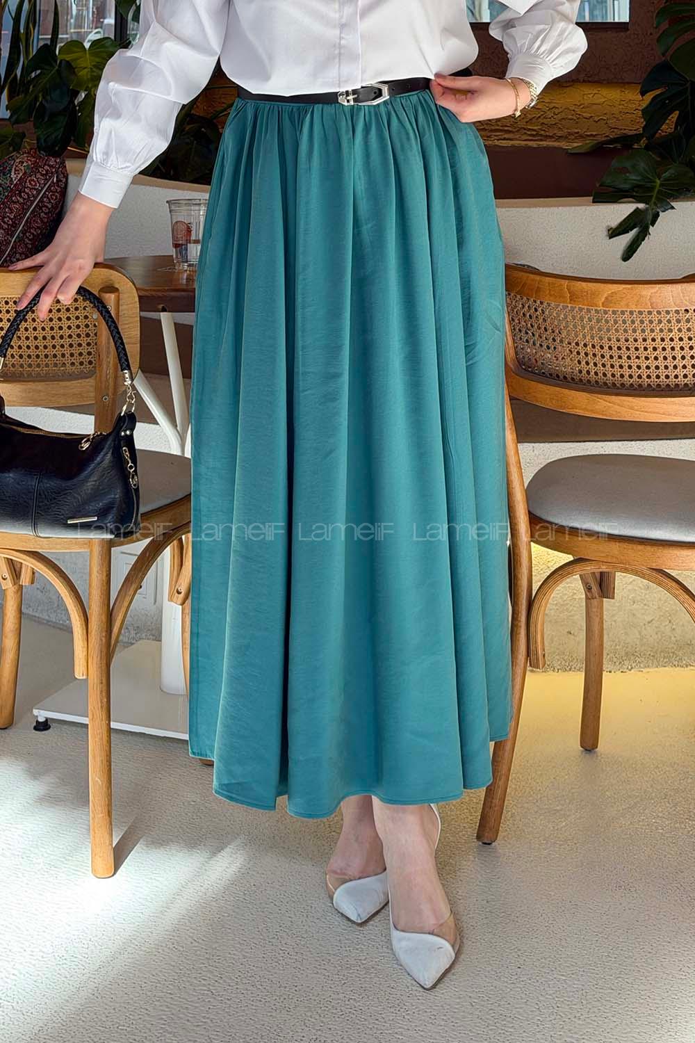 Lamelif Bel Lastikli Cep Detaylı Etek Pastel Yeşili