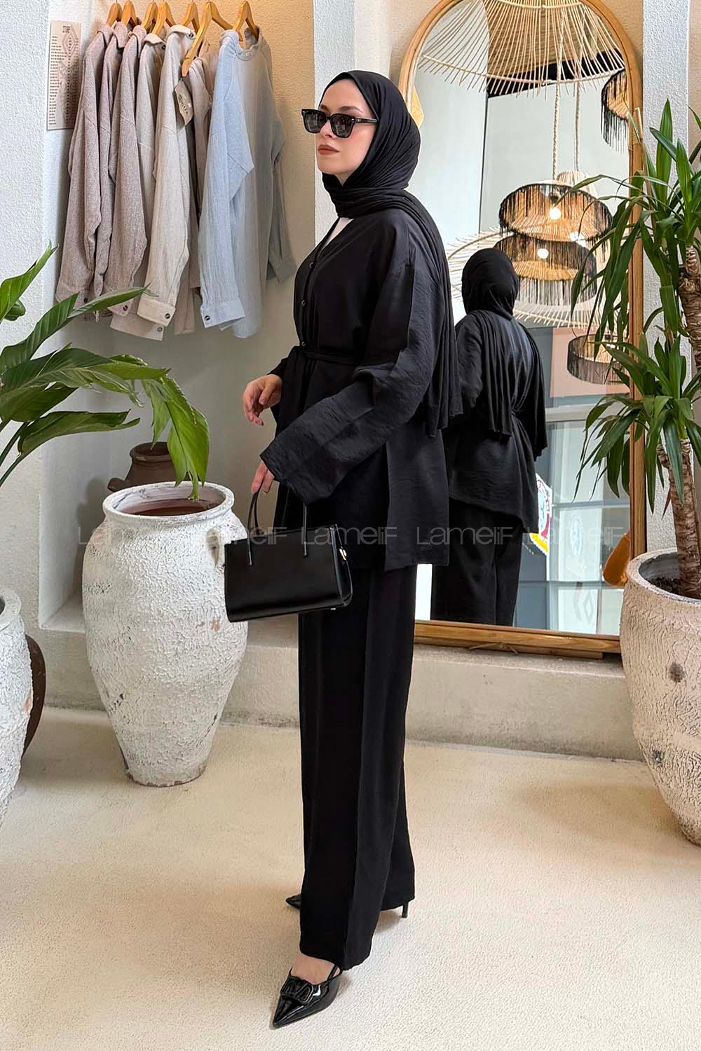 Lamelif Brit Düğmeli Gömlek-Pantolon Takım Siyah