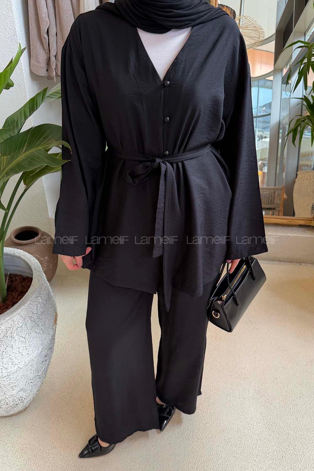 Lamelif Brit Düğmeli Gömlek-Pantolon Takım Siyah