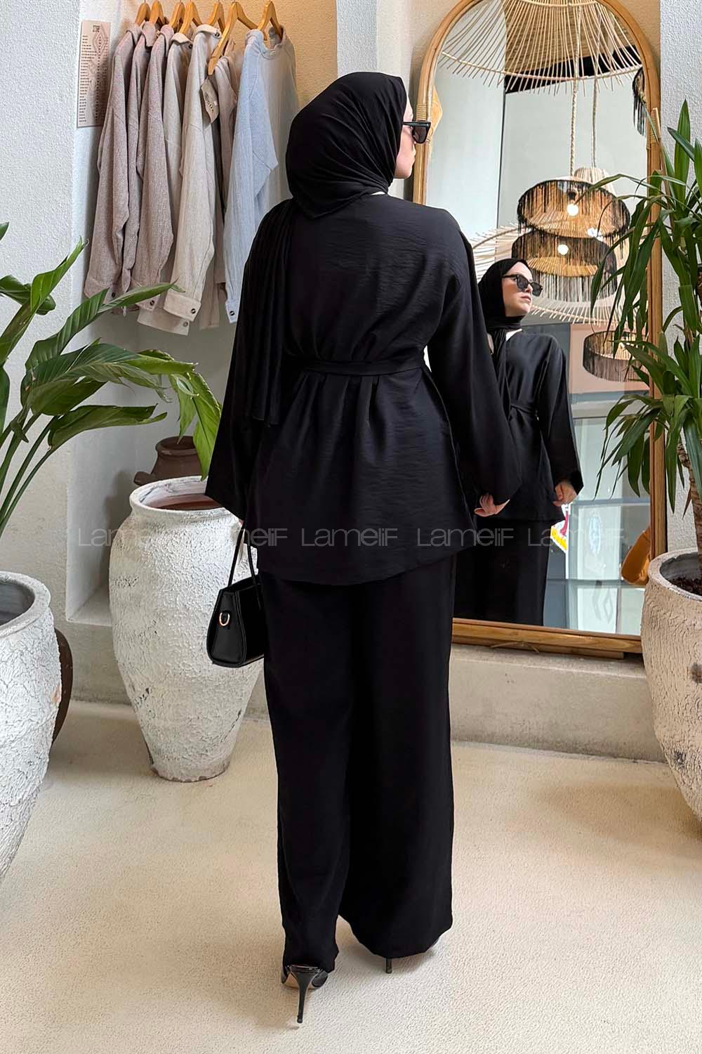 Lamelif Brit Düğmeli Gömlek-Pantolon Takım Siyah