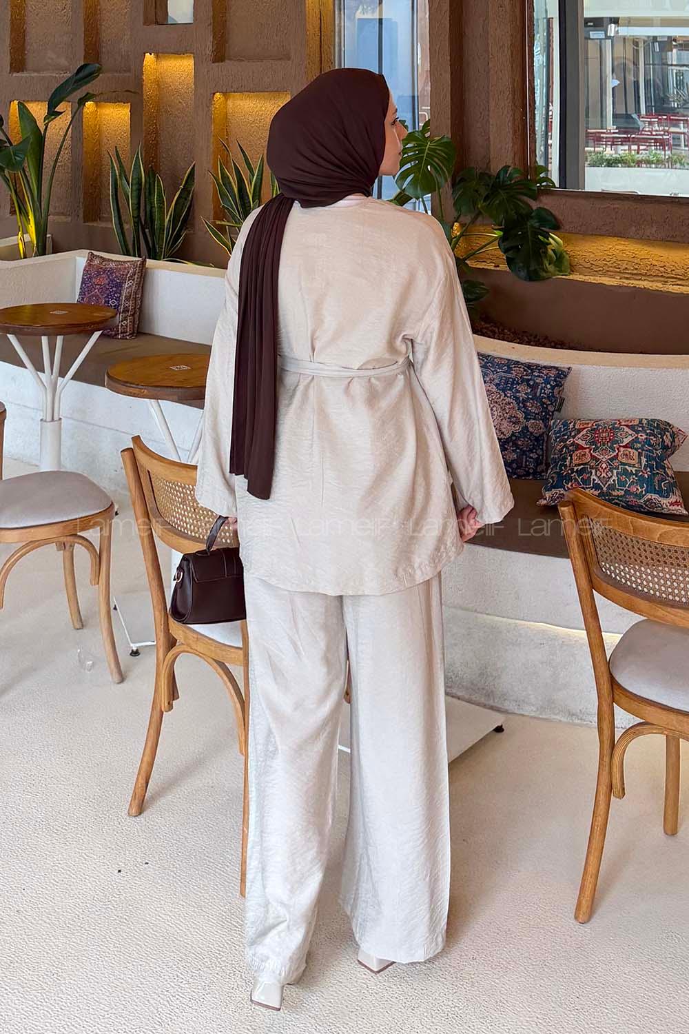 Lamelif Brit Düğmeli Gömlek-Pantolon Takım Taş Rengi