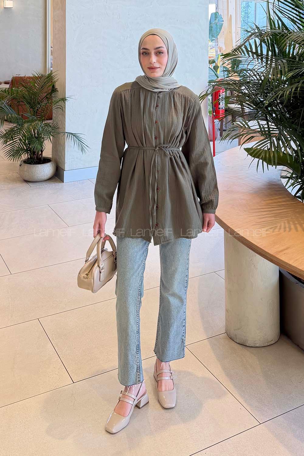 Lamelif Brit Düğmeli Müslin Gömlek Çağla Yeşili