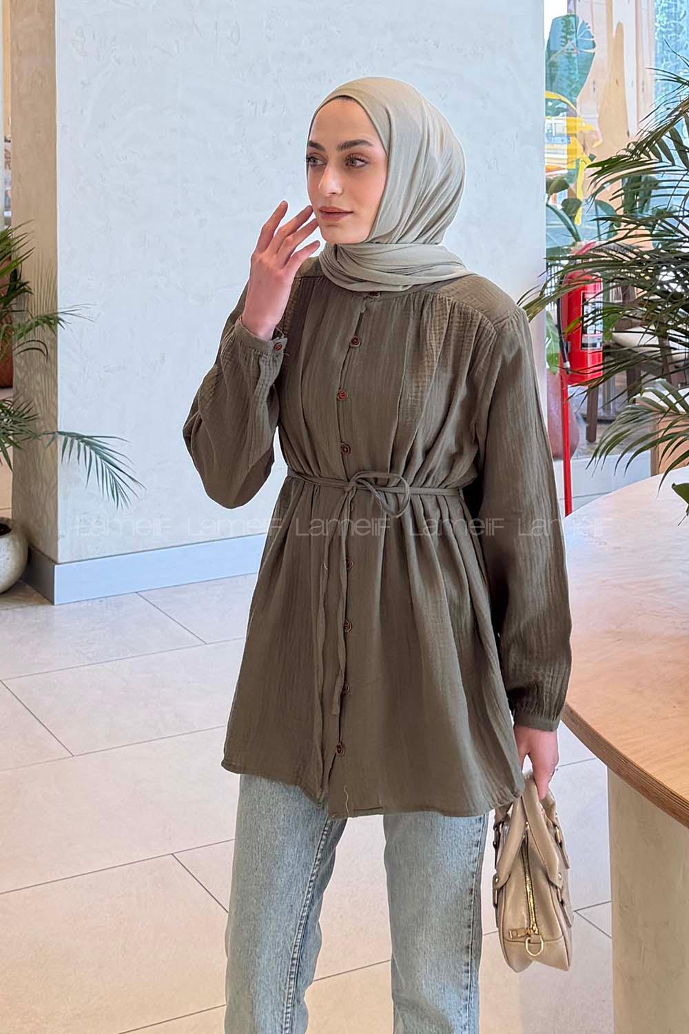 Lamelif Brit Düğmeli Müslin Gömlek Çağla Yeşili