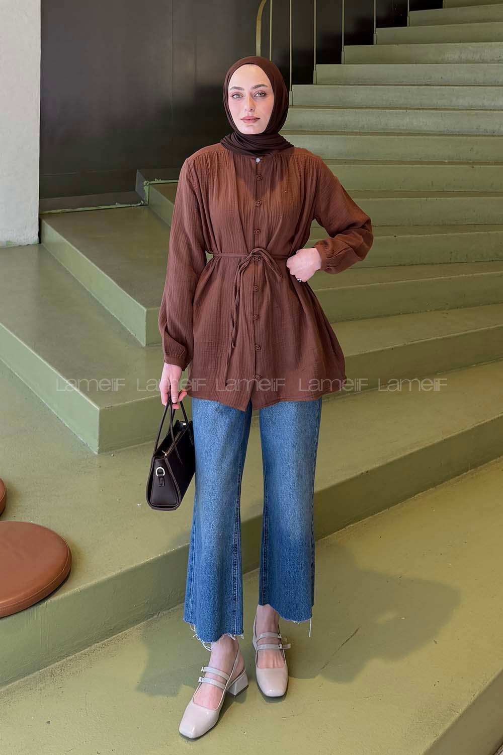 Brown Crew Neck Long Arm Cotton Fabric Shirt