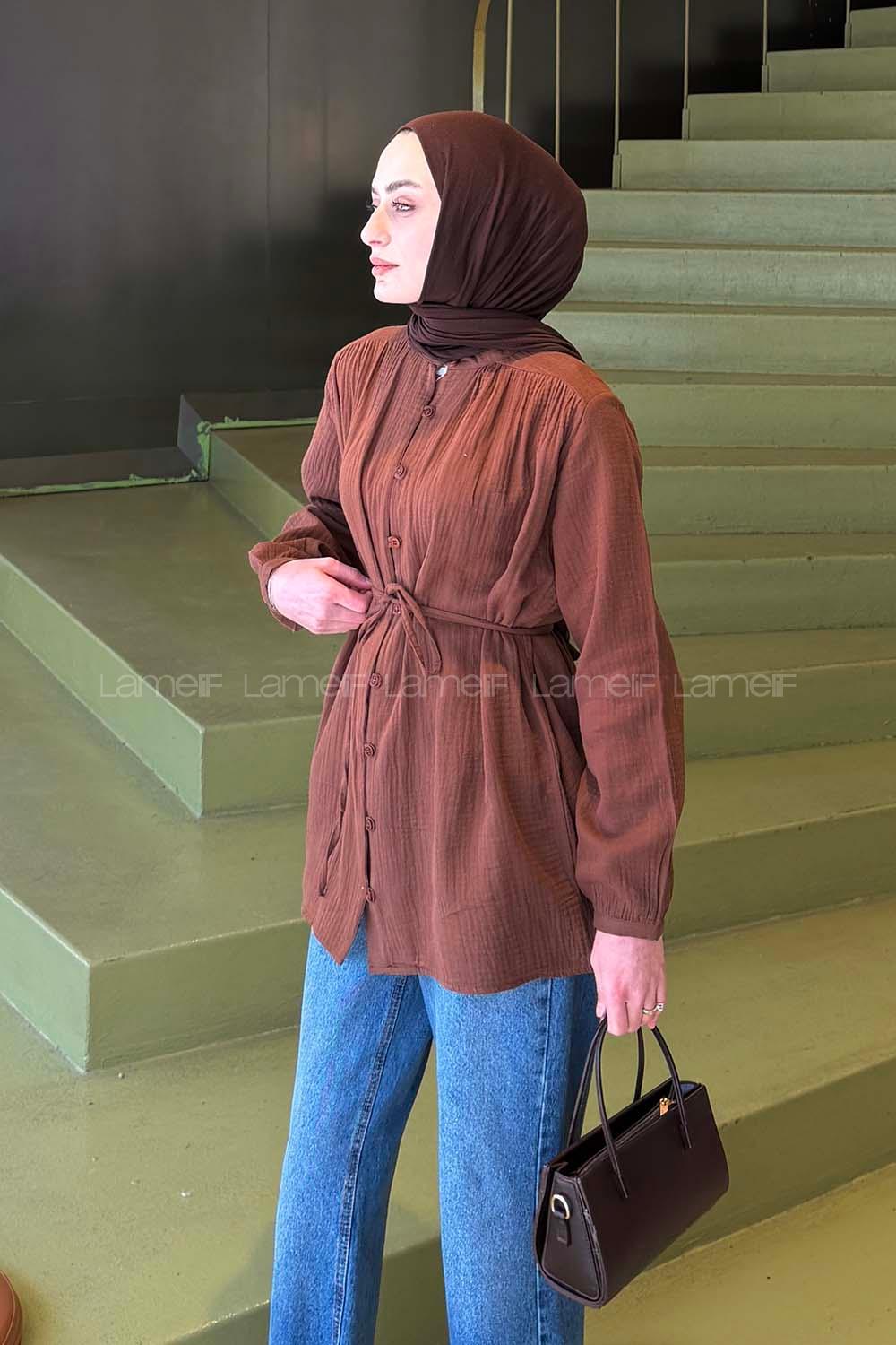 Brown Crew Neck Long Arm Cotton Fabric Shirt