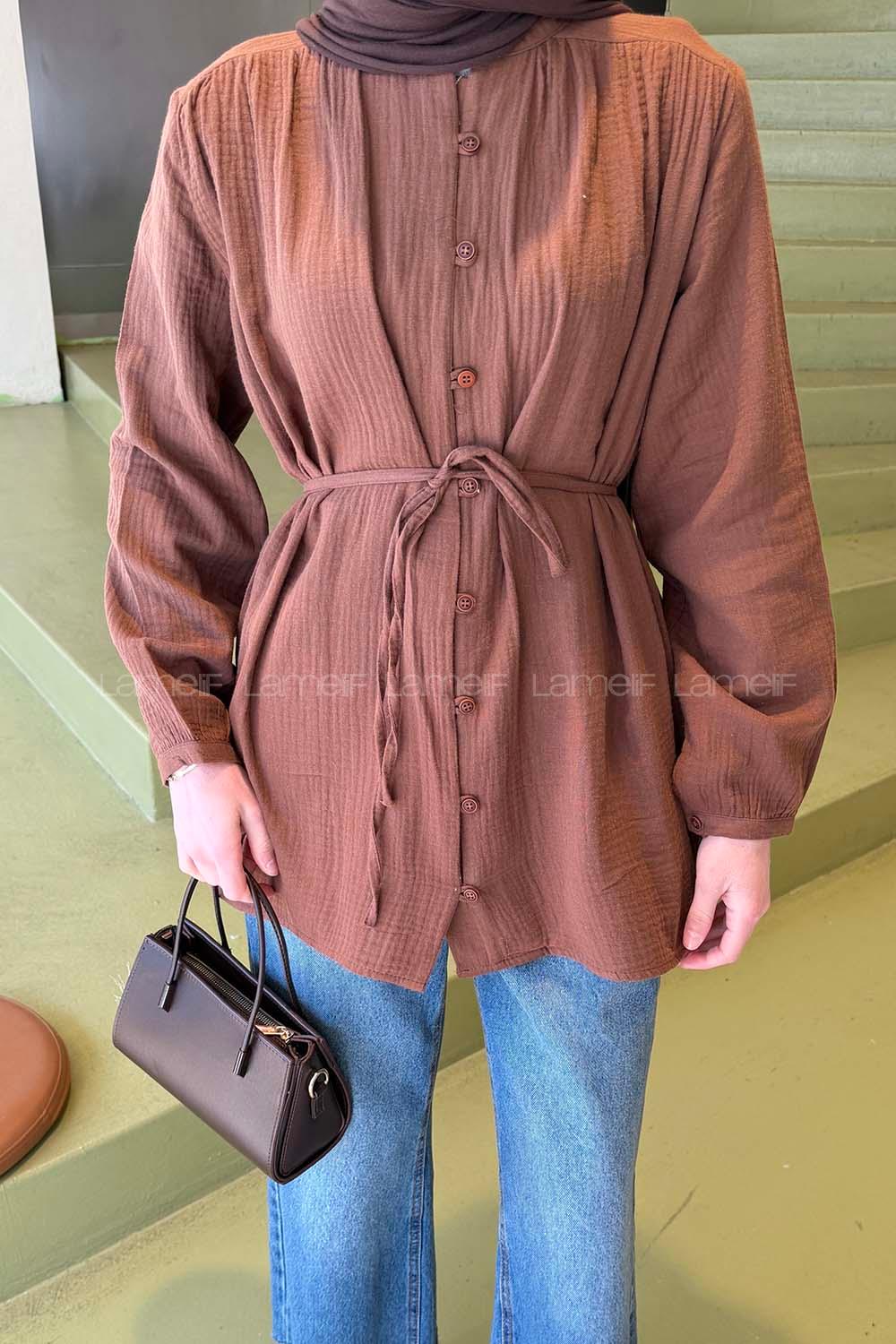 Brown Crew Neck Long Arm Cotton Fabric Shirt