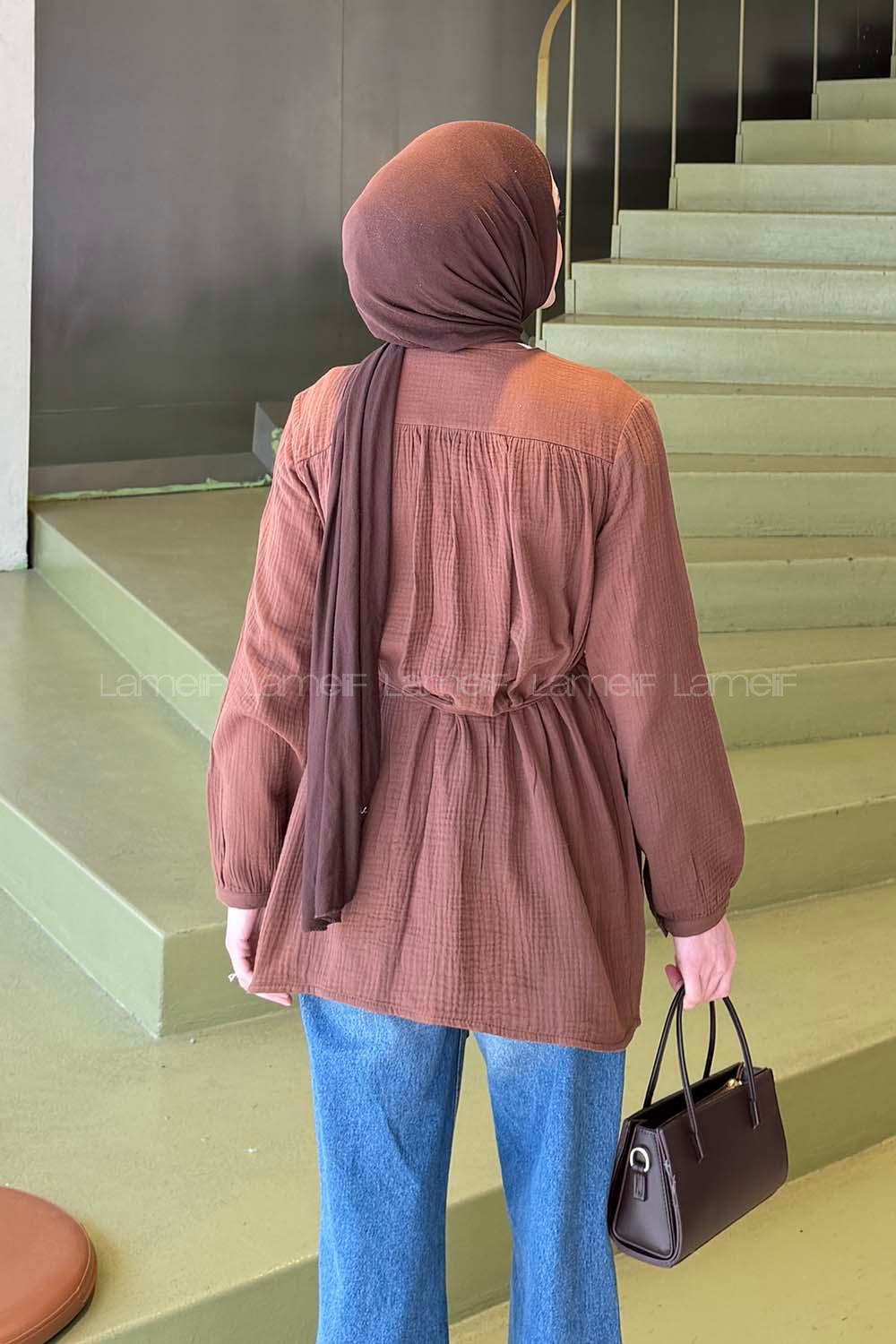 Brown Crew Neck Long Arm Cotton Fabric Shirt